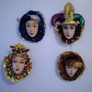Vintage 4 Hand Painted Mardi Gras Gibson Jester Pocelain  Face Mask Wall Hanging
